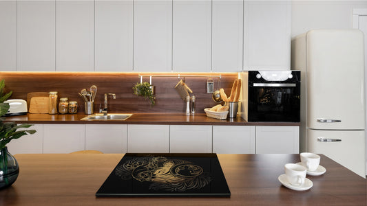 Chopping Board Set - Induction Cooktop Cover – Glass Cutting Board; MEASURES: SINGLE: 60 x 52 cm (23,62” x 20,47”); DOUBLE: 30 x 52 cm (11,81” x 20,47”); D33 Abstract Graphics Series: Ethnic spirituality