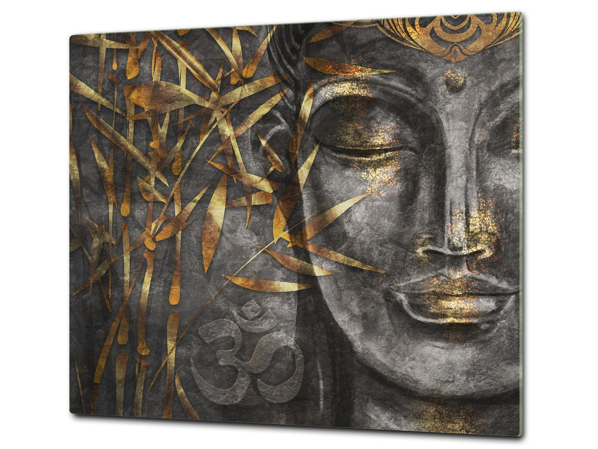 Chopping Board Set - Induction Cooktop Cover – Glass Cutting Board; MEASURES: SINGLE: 60 x 52 cm (23,62” x 20,47”); DOUBLE: 30 x 52 cm (11,81” x 20,47”); D33 Abstract Graphics Series: Golden Buddha