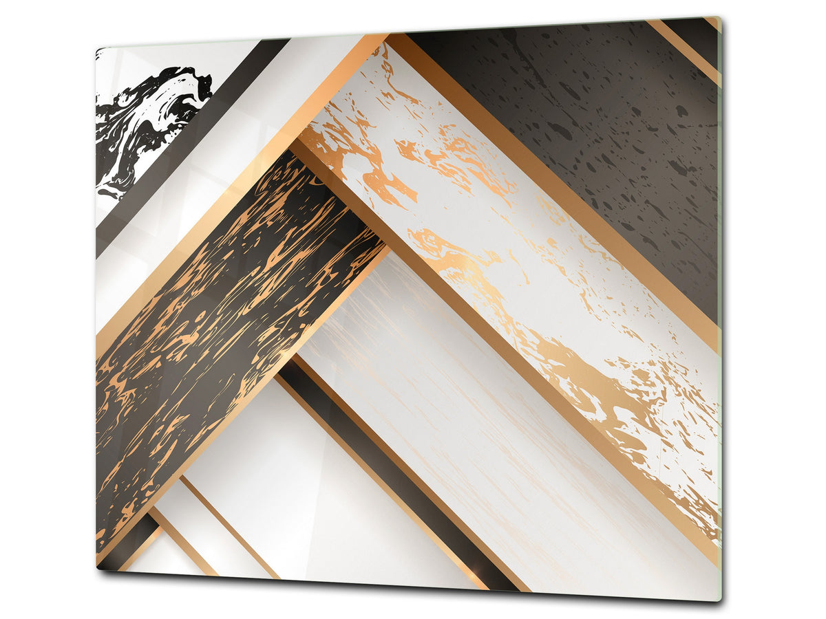 TEMPERED GLASS CHOPPING BOARD – Glass Cutting Board and Worktop Saver – Worktop protector; MEASURES: SINGLE: 60 x 52 cm (23,62” x 20,47”); DOUBLE: 30 x 52 cm (11,81” x 20,47”); D30 Decorative Surfaces Series: Black and white interwoven with gold 1