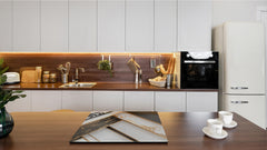 TEMPERED GLASS CHOPPING BOARD – Glass Cutting Board and Worktop Saver – Worktop protector; MEASURES: SINGLE: 60 x 52 cm (23,62” x 20,47”); DOUBLE: 30 x 52 cm (11,81” x 20,47”); D30 Decorative Surfaces Series: Black and white interwoven with gold 1