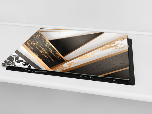 TEMPERED GLASS CHOPPING BOARD – Glass Cutting Board and Worktop Saver – Worktop protector; MEASURES: SINGLE: 60 x 52 cm (23,62” x 20,47”); DOUBLE: 30 x 52 cm (11,81” x 20,47”); D30 Decorative Surfaces Series: Black and white interwoven with gold 2
