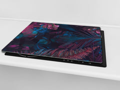 Induction Cooktop Cover Kitchen Board – Impact Resistant Glass Pastry Board – Heat resistant; MEASURES: SINGLE: 60 x 52 cm (23,62” x 20,47”); DOUBLE: 30 x 52 cm (11,81” x 20,47”); D31 Tropical Leaves Series: Fluorescent jungle