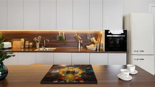 Chopping Board Set - Induction Cooktop Cover – Glass Cutting Board; MEASURES: SINGLE: 60 x 52 cm (23,62” x 20,47”); DOUBLE: 30 x 52 cm (11,81” x 20,47”); D33 Abstract Graphics Series: Ring of fire