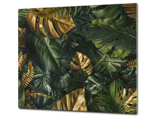 Induction Cooktop Cover Kitchen Board – Impact Resistant Glass Pastry Board – Heat resistant; MEASURES: SINGLE: 60 x 52 cm (23,62” x 20,47”); DOUBLE: 30 x 52 cm (11,81” x 20,47”); D31 Tropical Leaves Series: Gold-green jungle