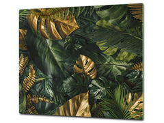 Induction Cooktop Cover Kitchen Board – Impact Resistant Glass Pastry Board – Heat resistant; MEASURES: SINGLE: 60 x 52 cm (23,62” x 20,47”); DOUBLE: 30 x 52 cm (11,81” x 20,47”); D31 Tropical Leaves Series: Gold-green jungle