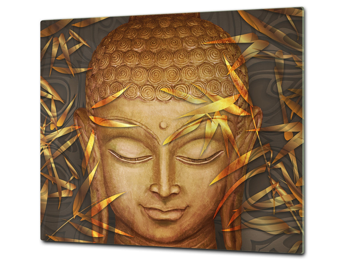 Chopping Board Set - Induction Cooktop Cover – Glass Cutting Board; MEASURES: SINGLE: 60 x 52 cm (23,62” x 20,47”); DOUBLE: 30 x 52 cm (11,81” x 20,47”); D33 Abstract Graphics Series: Hand-drawn Buddha