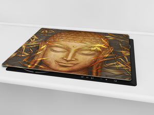 Chopping Board Set - Induction Cooktop Cover – Glass Cutting Board; MEASURES: SINGLE: 60 x 52 cm (23,62” x 20,47”); DOUBLE: 30 x 52 cm (11,81” x 20,47”); D33 Abstract Graphics Series: Hand-drawn Buddha