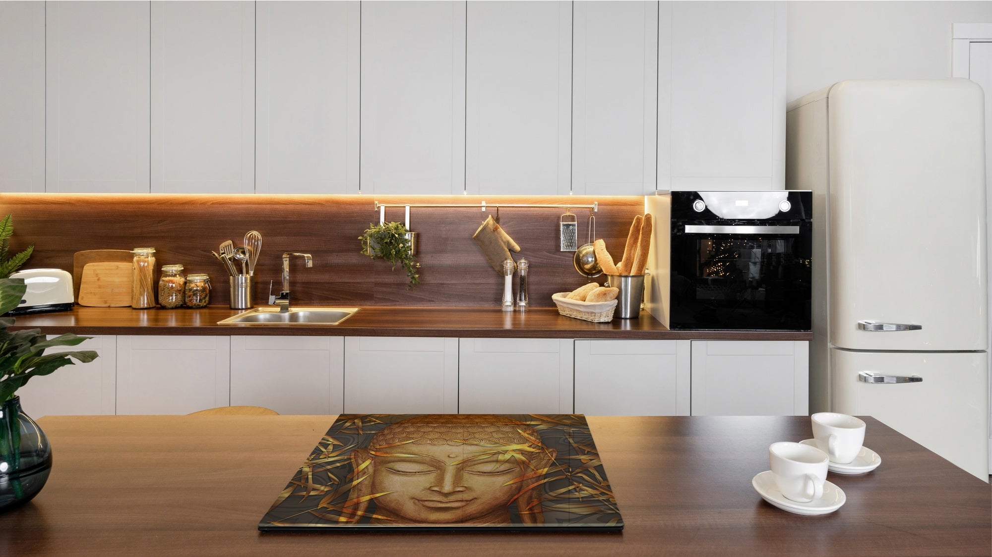 Chopping Board Set - Induction Cooktop Cover – Glass Cutting Board; MEASURES: SINGLE: 60 x 52 cm (23,62” x 20,47”); DOUBLE: 30 x 52 cm (11,81” x 20,47”); D33 Abstract Graphics Series: Hand-drawn Buddha