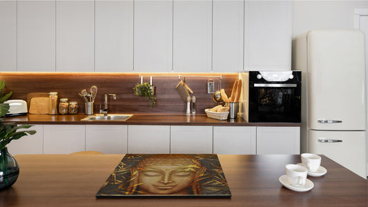 Chopping Board Set - Induction Cooktop Cover – Glass Cutting Board; MEASURES: SINGLE: 60 x 52 cm (23,62” x 20,47”); DOUBLE: 30 x 52 cm (11,81” x 20,47”); D33 Abstract Graphics Series: Hand-drawn Buddha