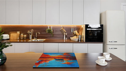 Induction Cooktop Cover –Shatter Resistant Glass Kitchen Board – Hob cover; MEASURES: SINGLE: 60 x 52 cm (23,62” x 20,47”); DOUBLE: 30 x 52 cm (11,81” x 20,47”); D32 Paintings Series: Fishing boats and sea