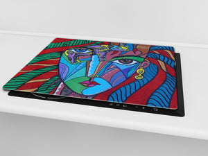 Induction Cooktop Cover –Shatter Resistant Glass Kitchen Board – Hob cover; MEASURES: SINGLE: 60 x 52 cm (23,62” x 20,47”); DOUBLE: 30 x 52 cm (11,81” x 20,47”); D32 Paintings Series: Cubism illustration of an elegant woman