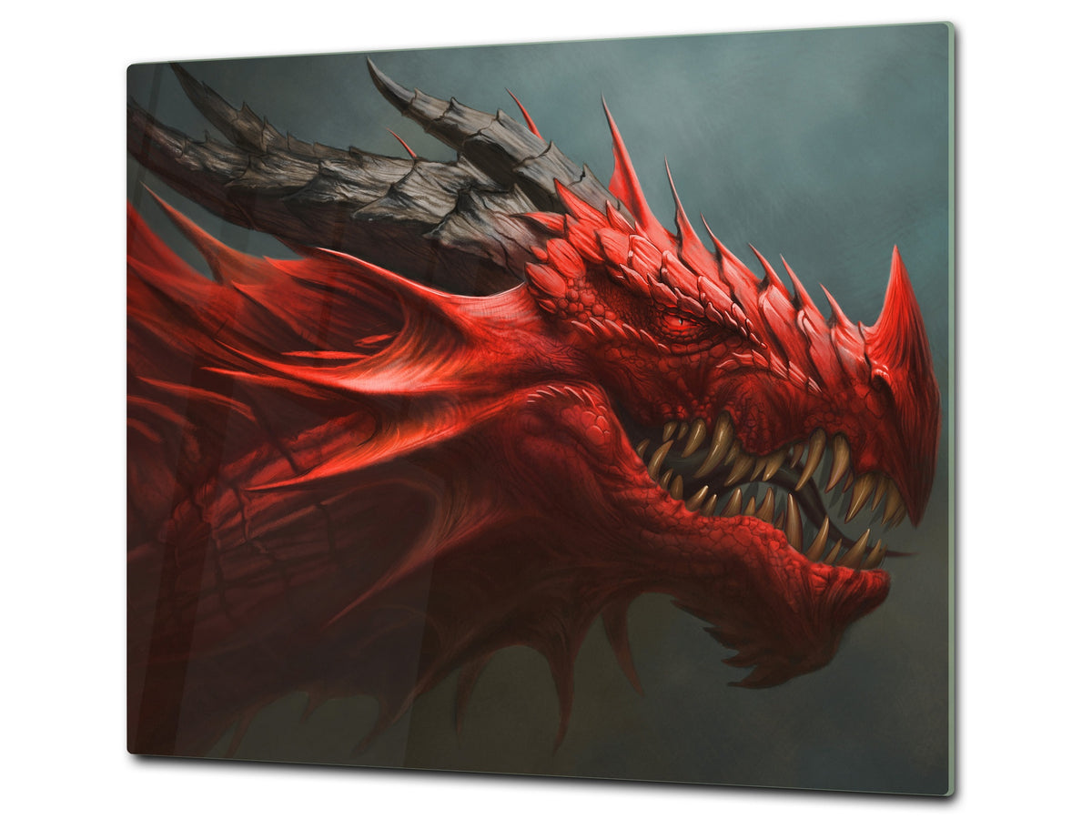 Chopping Board Set - Induction Cooktop Cover – Glass Cutting Board; MEASURES: SINGLE: 60 x 52 cm (23,62” x 20,47”); DOUBLE: 30 x 52 cm (11,81” x 20,47”); D33 Abstract Graphics Series: Fierce dragon