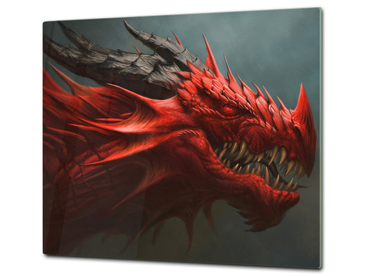Chopping Board Set - Induction Cooktop Cover – Glass Cutting Board; MEASURES: SINGLE: 60 x 52 cm (23,62” x 20,47”); DOUBLE: 30 x 52 cm (11,81” x 20,47”); D33 Abstract Graphics Series: Fierce dragon