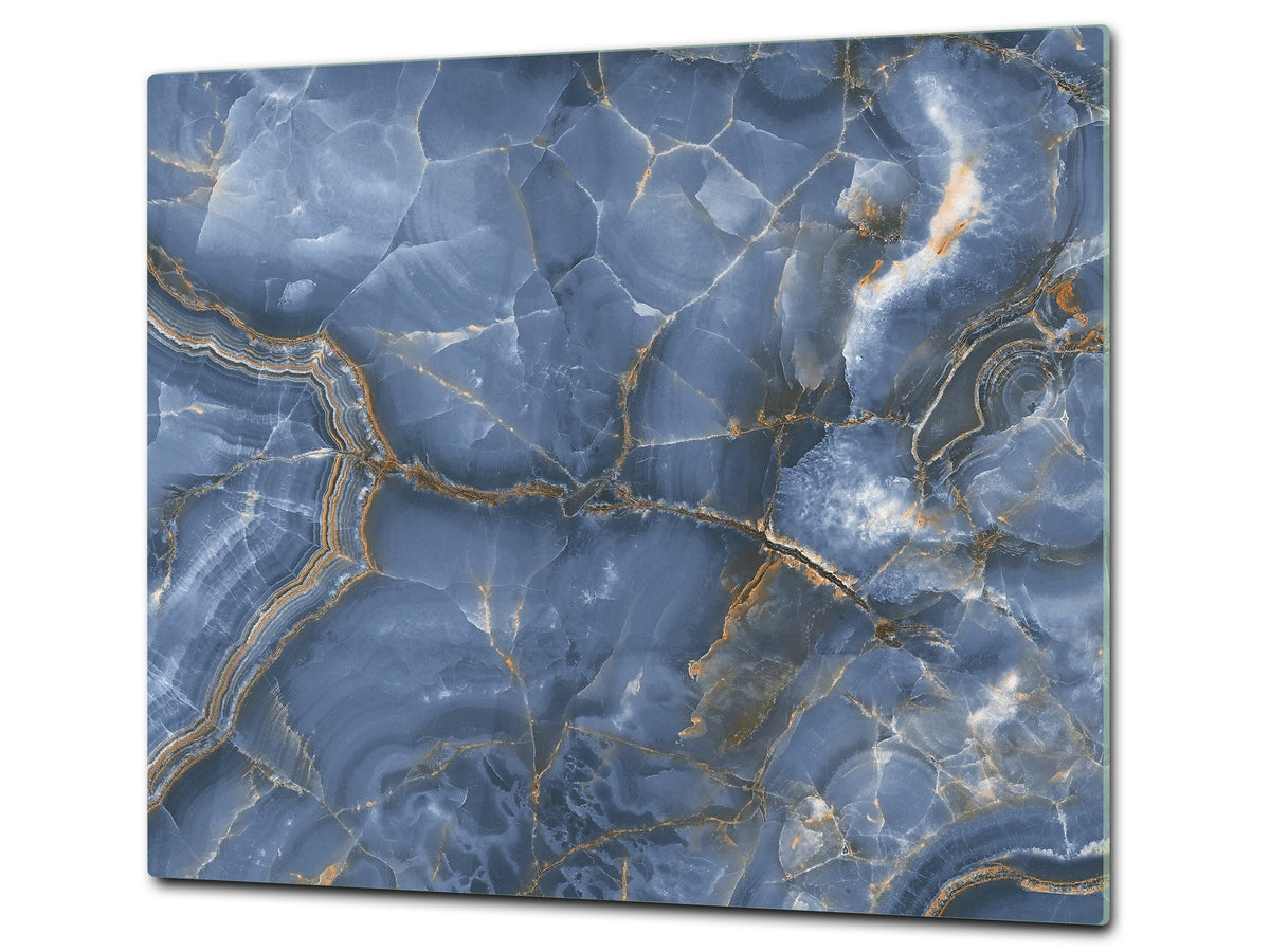 CUTTING BOARD and Cooktop Cover - Impact & Shatter Resistant Glass D21 Marbles 1 Series: Blue marble with light reflections
