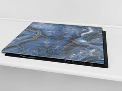 CUTTING BOARD and Cooktop Cover - Impact & Shatter Resistant Glass D21 Marbles 1 Series: Blue marble with light reflections