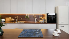 CUTTING BOARD and Cooktop Cover - Impact & Shatter Resistant Glass D21 Marbles 1 Series: Blue marble with light reflections