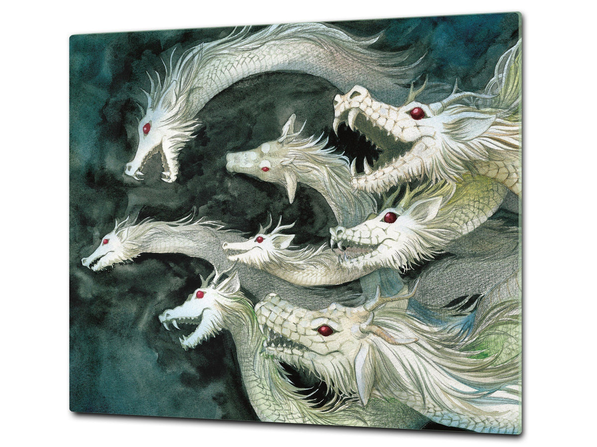 Chopping Board Set - Induction Cooktop Cover – Glass Cutting Board; MEASURES: SINGLE: 60 x 52 cm (23,62” x 20,47”); DOUBLE: 30 x 52 cm (11,81” x 20,47”); D33 Abstract Graphics Series: Ancient monster