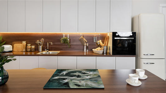 Chopping Board Set - Induction Cooktop Cover – Glass Cutting Board; MEASURES: SINGLE: 60 x 52 cm (23,62” x 20,47”); DOUBLE: 30 x 52 cm (11,81” x 20,47”); D33 Abstract Graphics Series: Ancient monster