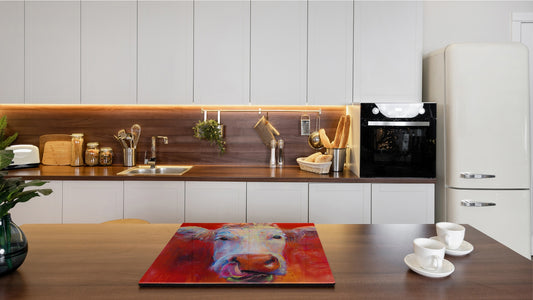 Induction Cooktop Cover –Shatter Resistant Glass Kitchen Board – Hob cover; MEASURES: SINGLE: 60 x 52 cm (23,62” x 20,47”); DOUBLE: 30 x 52 cm (11,81” x 20,47”); D32 Paintings Series: Pastel cow