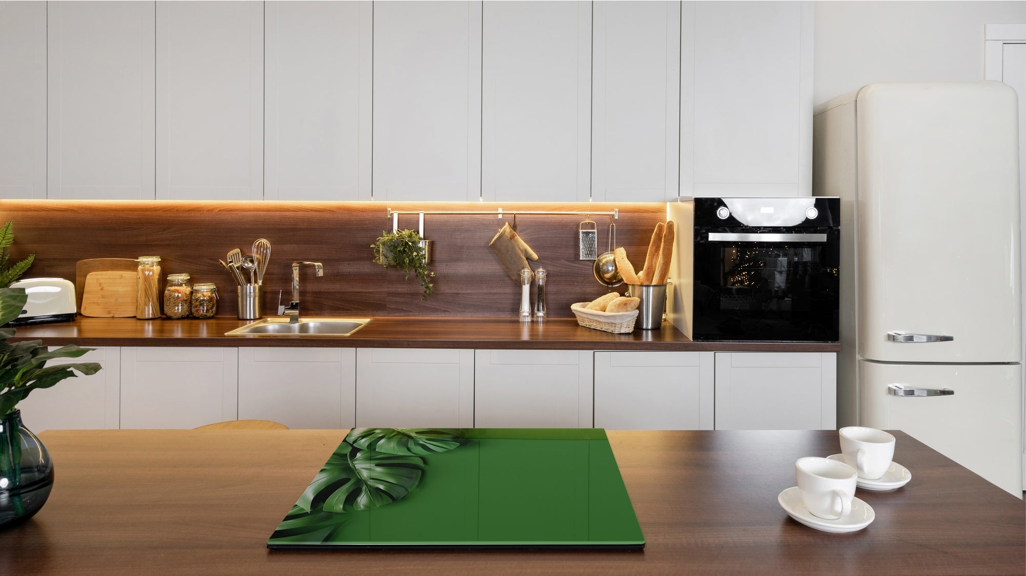 Induction Cooktop Cover Kitchen Board – Impact Resistant Glass Pastry Board – Heat resistant; MEASURES: SINGLE: 60 x 52 cm (23,62” x 20,47”); DOUBLE: 30 x 52 cm (11,81” x 20,47”); D31 Tropical Leaves Series: Green monstera deliciosa