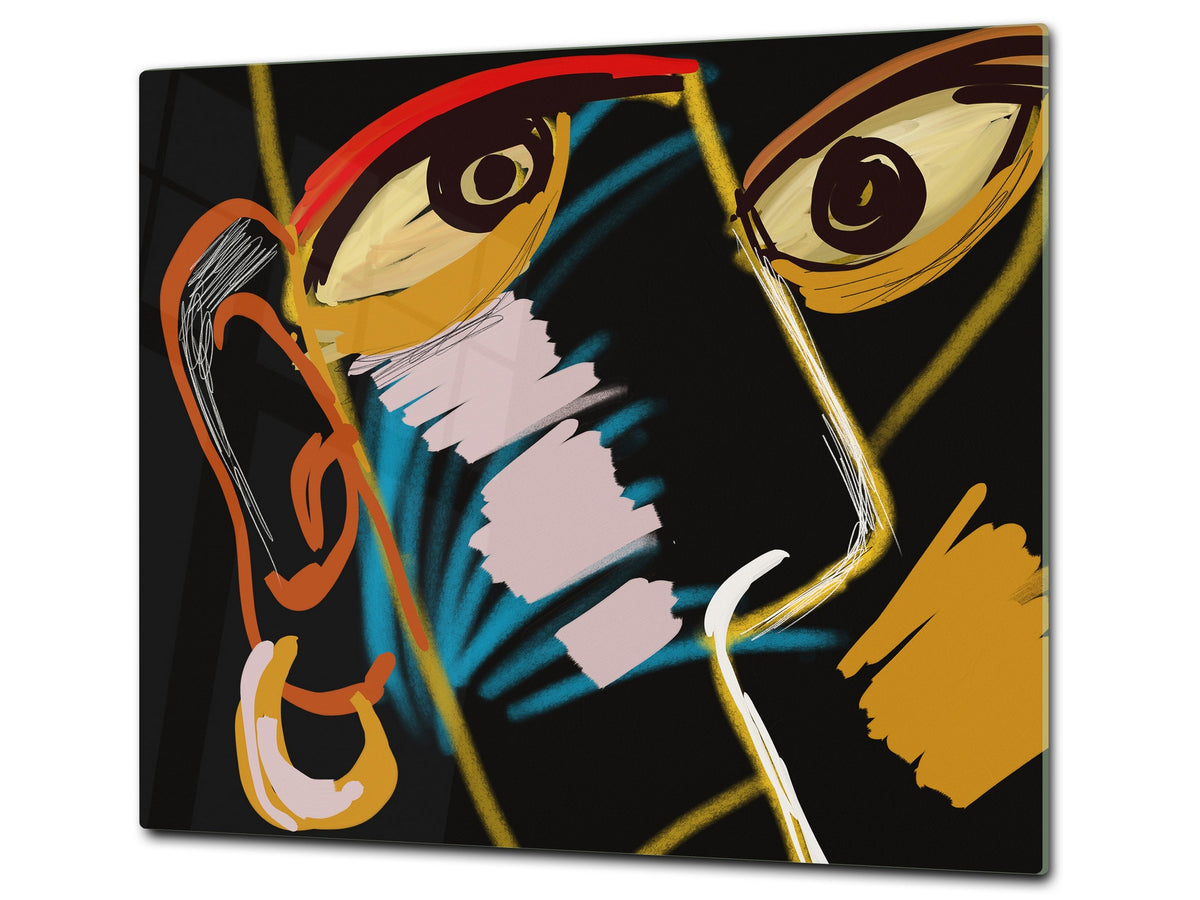 Chopping Board Set - Induction Cooktop Cover – Glass Cutting Board; MEASURES: SINGLE: 60 x 52 cm (23,62” x 20,47”); DOUBLE: 30 x 52 cm (11,81” x 20,47”); D33 Abstract Graphics Series: African warrior