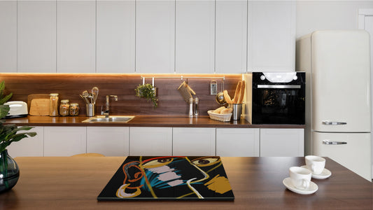 Chopping Board Set - Induction Cooktop Cover – Glass Cutting Board; MEASURES: SINGLE: 60 x 52 cm (23,62” x 20,47”); DOUBLE: 30 x 52 cm (11,81” x 20,47”); D33 Abstract Graphics Series: African warrior