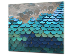 TEMPERED GLASS CHOPPING BOARD – Glass Cutting Board and Worktop Saver – Worktop protector; MEASURES: SINGLE: 60 x 52 cm (23,62” x 20,47”); DOUBLE: 30 x 52 cm (11,81” x 20,47”); D30 Decorative Surfaces Series: Turquoise fish-like scale