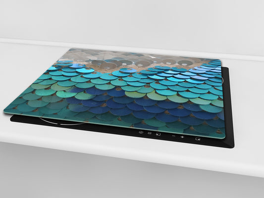 TEMPERED GLASS CHOPPING BOARD – Glass Cutting Board and Worktop Saver – Worktop protector; MEASURES: SINGLE: 60 x 52 cm (23,62” x 20,47”); DOUBLE: 30 x 52 cm (11,81” x 20,47”); D30 Decorative Surfaces Series: Turquoise fish-like scale