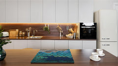 TEMPERED GLASS CHOPPING BOARD – Glass Cutting Board and Worktop Saver – Worktop protector; MEASURES: SINGLE: 60 x 52 cm (23,62” x 20,47”); DOUBLE: 30 x 52 cm (11,81” x 20,47”); D30 Decorative Surfaces Series: Turquoise fish-like scale