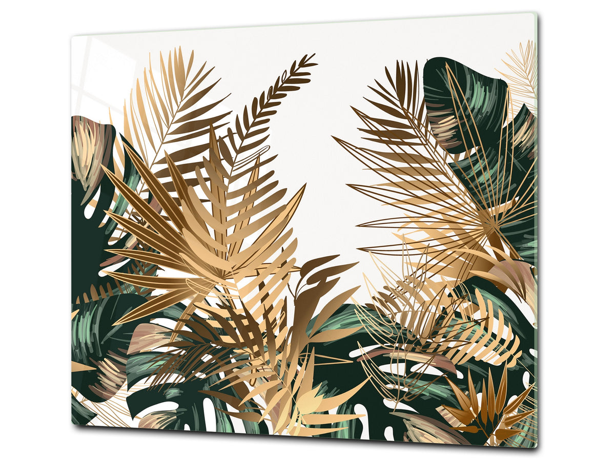 Induction Cooktop Cover Kitchen Board – Impact Resistant Glass Pastry Board – Heat resistant; MEASURES: SINGLE: 60 x 52 cm (23,62” x 20,47”); DOUBLE: 30 x 52 cm (11,81” x 20,47”); D31 Tropical Leaves Series: Tropical pattern