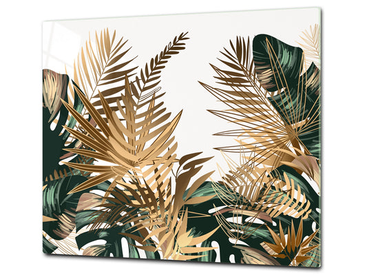 Induction Cooktop Cover Kitchen Board – Impact Resistant Glass Pastry Board – Heat resistant; MEASURES: SINGLE: 60 x 52 cm (23,62” x 20,47”); DOUBLE: 30 x 52 cm (11,81” x 20,47”); D31 Tropical Leaves Series: Tropical pattern