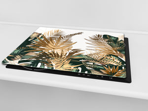 Induction Cooktop Cover Kitchen Board – Impact Resistant Glass Pastry Board – Heat resistant; MEASURES: SINGLE: 60 x 52 cm (23,62” x 20,47”); DOUBLE: 30 x 52 cm (11,81” x 20,47”); D31 Tropical Leaves Series: Tropical pattern