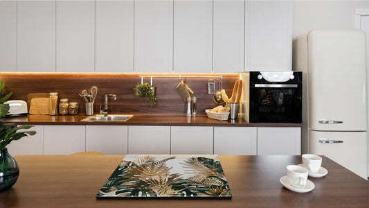 Induction Cooktop Cover Kitchen Board – Impact Resistant Glass Pastry Board – Heat resistant; MEASURES: SINGLE: 60 x 52 cm (23,62” x 20,47”); DOUBLE: 30 x 52 cm (11,81” x 20,47”); D31 Tropical Leaves Series: Tropical pattern