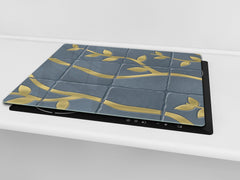KITCHEN BOARD & Induction Cooktop Cover – Glass Pastry Board D25 Textures and tiles 1 Series: Golden branches on a blue background