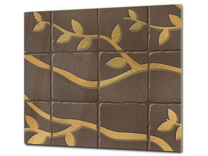 KITCHEN BOARD & Induction Cooktop Cover – Glass Pastry Board D25 Textures and tiles 1 Series: Golden branches on a brown background