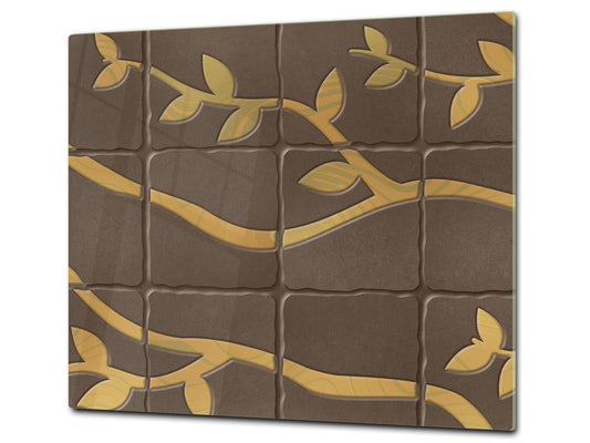 KITCHEN BOARD & Induction Cooktop Cover – Glass Pastry Board D25 Textures and tiles 1 Series: Golden branches on a brown background