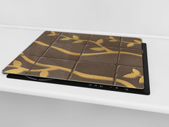 KITCHEN BOARD & Induction Cooktop Cover – Glass Pastry Board D25 Textures and tiles 1 Series: Golden branches on a brown background