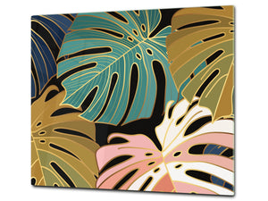 Induction Cooktop Cover Kitchen Board – Impact Resistant Glass Pastry Board – Heat resistant; MEASURES: SINGLE: 60 x 52 cm (23,62” x 20,47”); DOUBLE: 30 x 52 cm (11,81” x 20,47”); D31 Tropical Leaves Series: Vector art