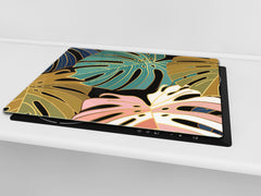 Induction Cooktop Cover Kitchen Board – Impact Resistant Glass Pastry Board – Heat resistant; MEASURES: SINGLE: 60 x 52 cm (23,62” x 20,47”); DOUBLE: 30 x 52 cm (11,81” x 20,47”); D31 Tropical Leaves Series: Vector art