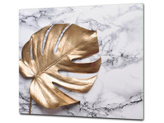 Induction Cooktop Cover Kitchen Board – Impact Resistant Glass Pastry Board – Heat resistant; MEASURES: SINGLE: 60 x 52 cm (23,62” x 20,47”); DOUBLE: 30 x 52 cm (11,81” x 20,47”); D31 Tropical Leaves Series: Golden leaf on marble