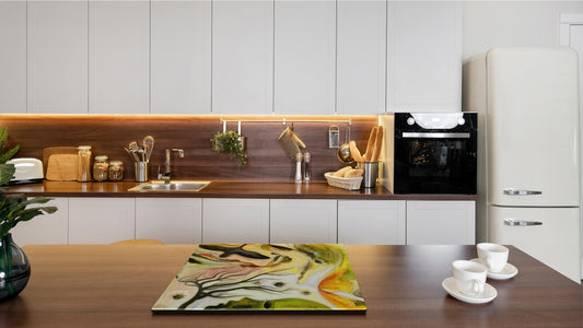 Induction Cooktop Cover –Shatter Resistant Glass Kitchen Board – Hob cover; MEASURES: SINGLE: 60 x 52 cm (23,62” x 20,47”); DOUBLE: 30 x 52 cm (11,81” x 20,47”); D32 Paintings Series: Silhouette of an abstract bird
