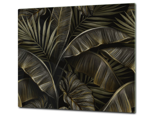 Induction Cooktop Cover Kitchen Board – Impact Resistant Glass Pastry Board – Heat resistant; MEASURES: SINGLE: 60 x 52 cm (23,62” x 20,47”); DOUBLE: 30 x 52 cm (11,81” x 20,47”); D31 Tropical Leaves Series: Exotic pattern 1