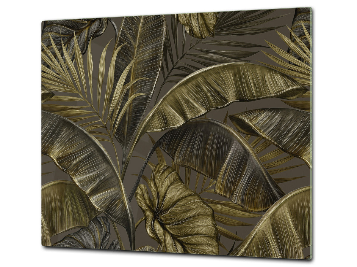 Induction Cooktop Cover Kitchen Board – Impact Resistant Glass Pastry Board – Heat resistant; MEASURES: SINGLE: 60 x 52 cm (23,62” x 20,47”); DOUBLE: 30 x 52 cm (11,81” x 20,47”); D31 Tropical Leaves Series: Dark banana leaves