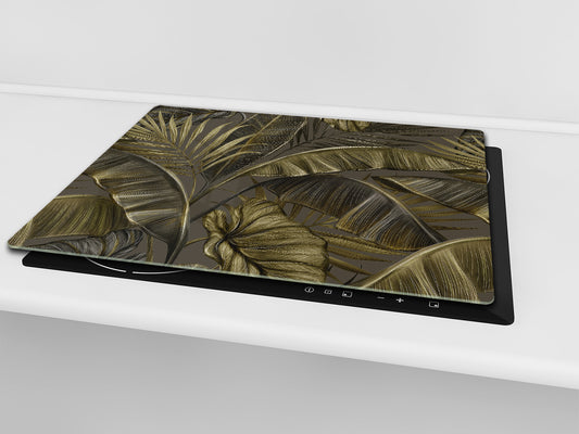 Induction Cooktop Cover Kitchen Board – Impact Resistant Glass Pastry Board – Heat resistant; MEASURES: SINGLE: 60 x 52 cm (23,62” x 20,47”); DOUBLE: 30 x 52 cm (11,81” x 20,47”); D31 Tropical Leaves Series: Dark banana leaves