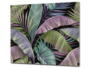Induction Cooktop Cover Kitchen Board – Impact Resistant Glass Pastry Board – Heat resistant; MEASURES: SINGLE: 60 x 52 cm (23,62” x 20,47”); DOUBLE: 30 x 52 cm (11,81” x 20,47”); D31 Tropical Leaves Series: Exotic pattern 2