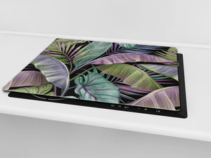 Induction Cooktop Cover Kitchen Board – Impact Resistant Glass Pastry Board – Heat resistant; MEASURES: SINGLE: 60 x 52 cm (23,62” x 20,47”); DOUBLE: 30 x 52 cm (11,81” x 20,47”); D31 Tropical Leaves Series: Exotic pattern 2