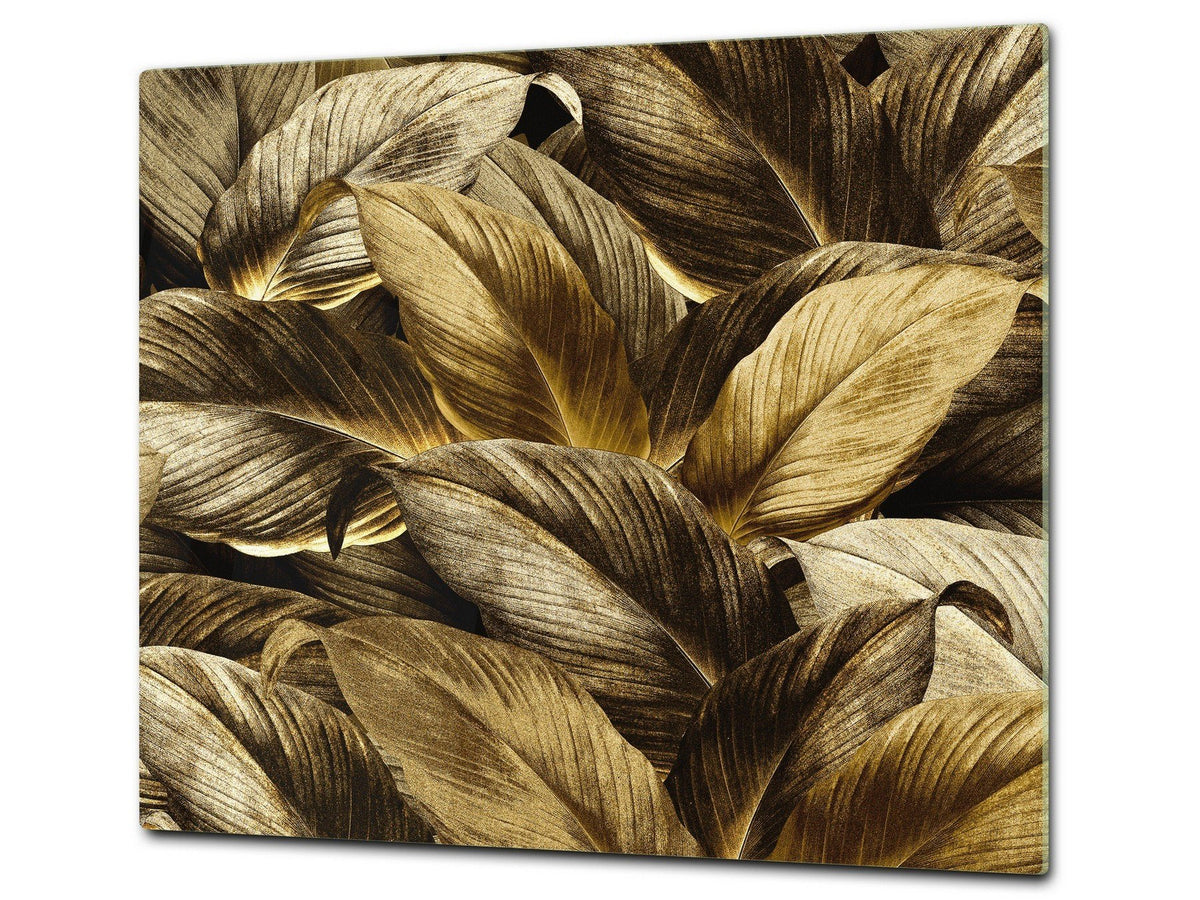 Induction Cooktop Cover Kitchen Board – Impact Resistant Glass Pastry Board – Heat resistant; MEASURES: SINGLE: 60 x 52 cm (23,62” x 20,47”); DOUBLE: 30 x 52 cm (11,81” x 20,47”); D31 Tropical Leaves Series: Precious leaves