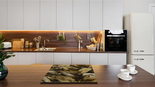 Induction Cooktop Cover Kitchen Board – Impact Resistant Glass Pastry Board – Heat resistant; MEASURES: SINGLE: 60 x 52 cm (23,62” x 20,47”); DOUBLE: 30 x 52 cm (11,81” x 20,47”); D31 Tropical Leaves Series: Precious leaves