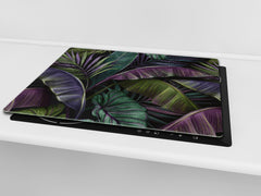 Induction Cooktop Cover Kitchen Board – Impact Resistant Glass Pastry Board – Heat resistant; MEASURES: SINGLE: 60 x 52 cm (23,62” x 20,47”); DOUBLE: 30 x 52 cm (11,81” x 20,47”); D31 Tropical Leaves Series: Dark exotic pattern