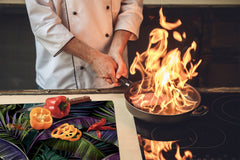 Induction Cooktop Cover Kitchen Board – Impact Resistant Glass Pastry Board – Heat resistant; MEASURES: SINGLE: 60 x 52 cm (23,62” x 20,47”); DOUBLE: 30 x 52 cm (11,81” x 20,47”); D31 Tropical Leaves Series: Dark exotic pattern